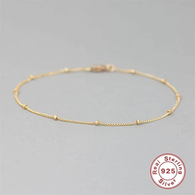 925 Sterling Silver Minimalist Small Beads Thin Chain Bracelets For Women