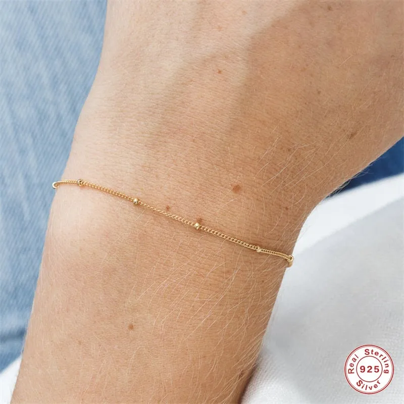 925 Sterling Silver Minimalist Small Beads Thin Chain Bracelets For Women