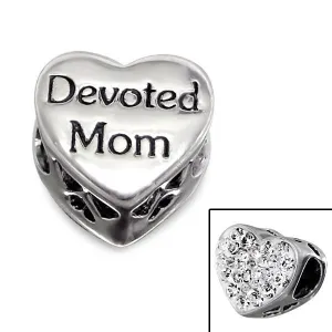 .925 Sterling Silver "Heart  w/ Rhinestone Clears Devoted Mom"  Charm Spacer Bead for Snake Chain Charm Bracelet