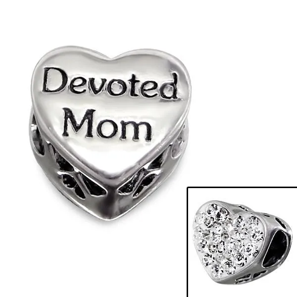 .925 Sterling Silver "Heart  w/ Rhinestone Clears Devoted Mom"  Charm Spacer Bead for Snake Chain Charm Bracelet