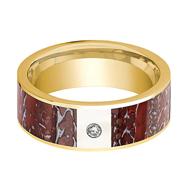 ADZE | 14k Yellow Gold Ring Diamond and Red Dinosaur Bone