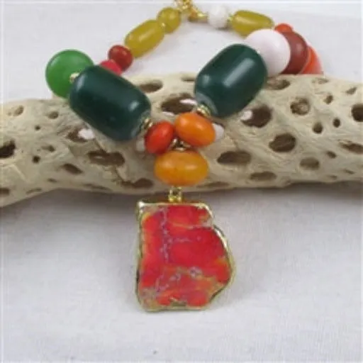 African Trade Bead Statement Necklace with Red Stone Pendant