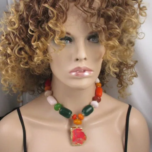 African Trade Bead Statement Necklace with Red Stone Pendant