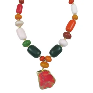 African Trade Bead Statement Necklace with Red Stone Pendant