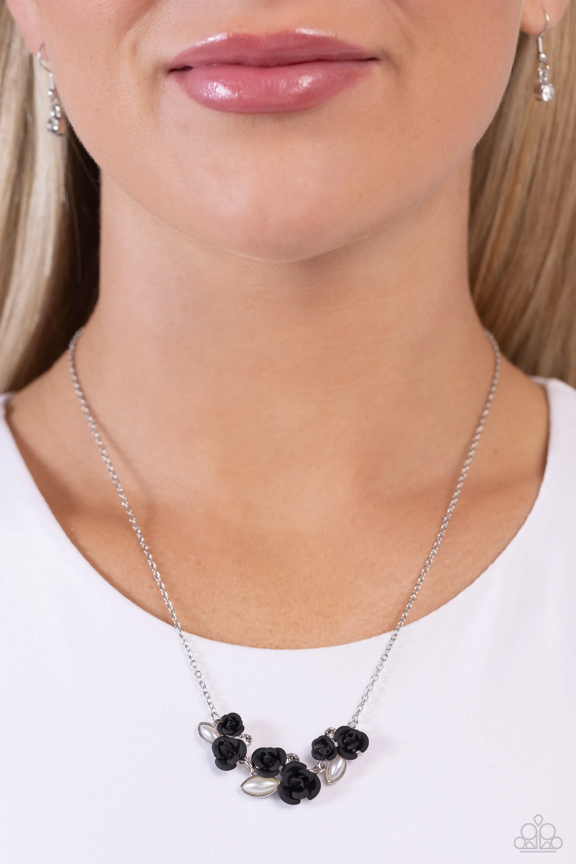 Al-ROSE Ready - Black - Flower and White Marquise Pearl Paparazzi Short Necklace