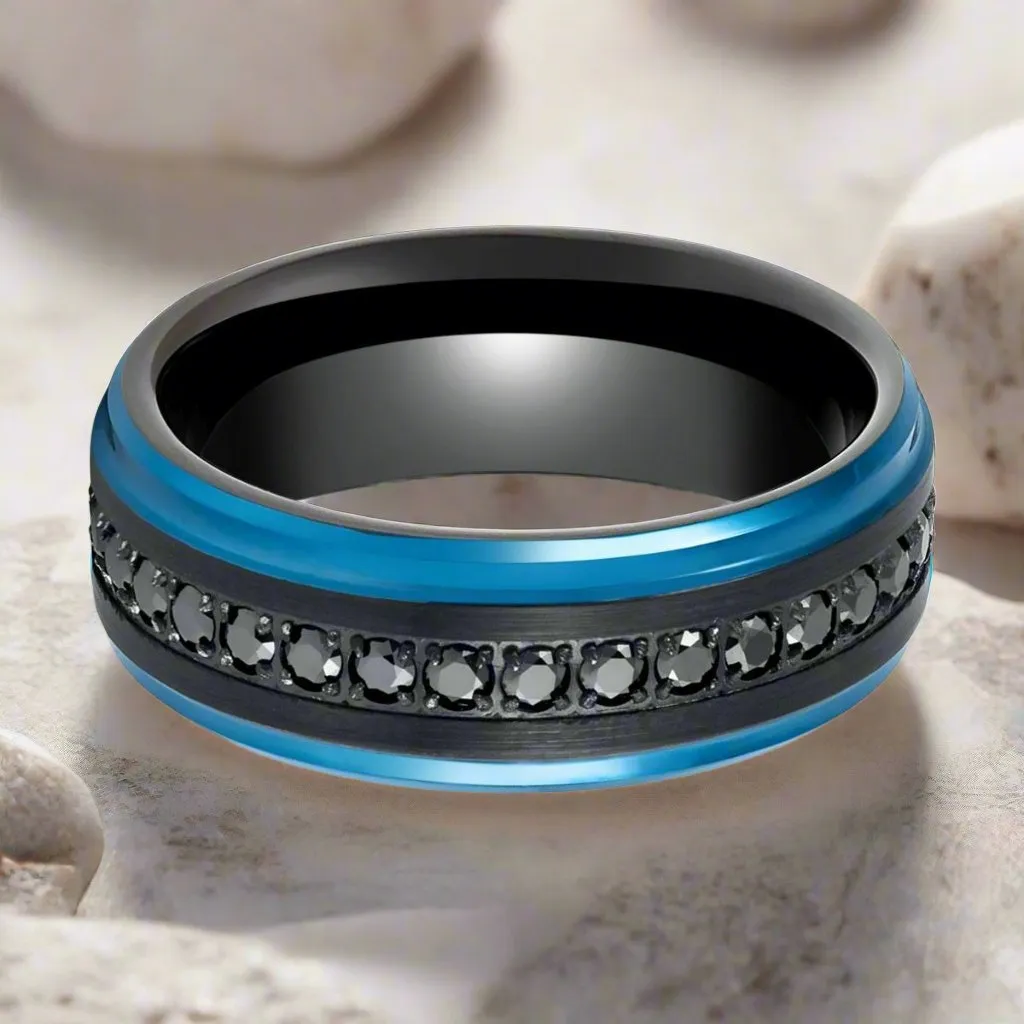 ALISO | Black Tungsten Ring with Blue Edges
