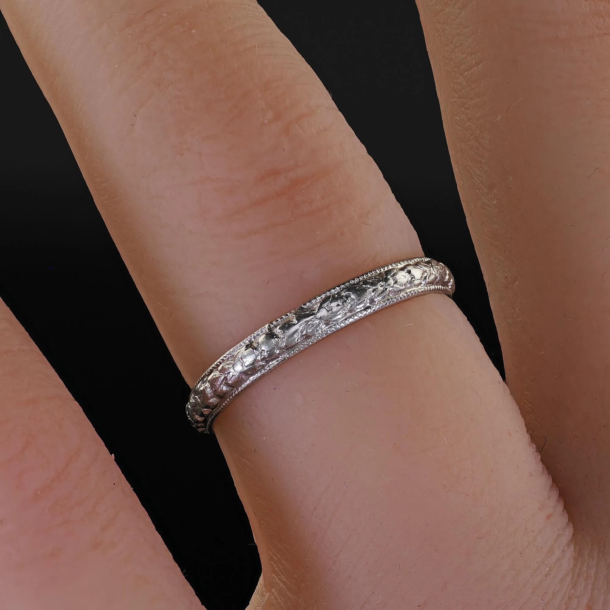 Antique Art Deco Platinum Blossom Engraved Wedding Band - Size 6 1/4