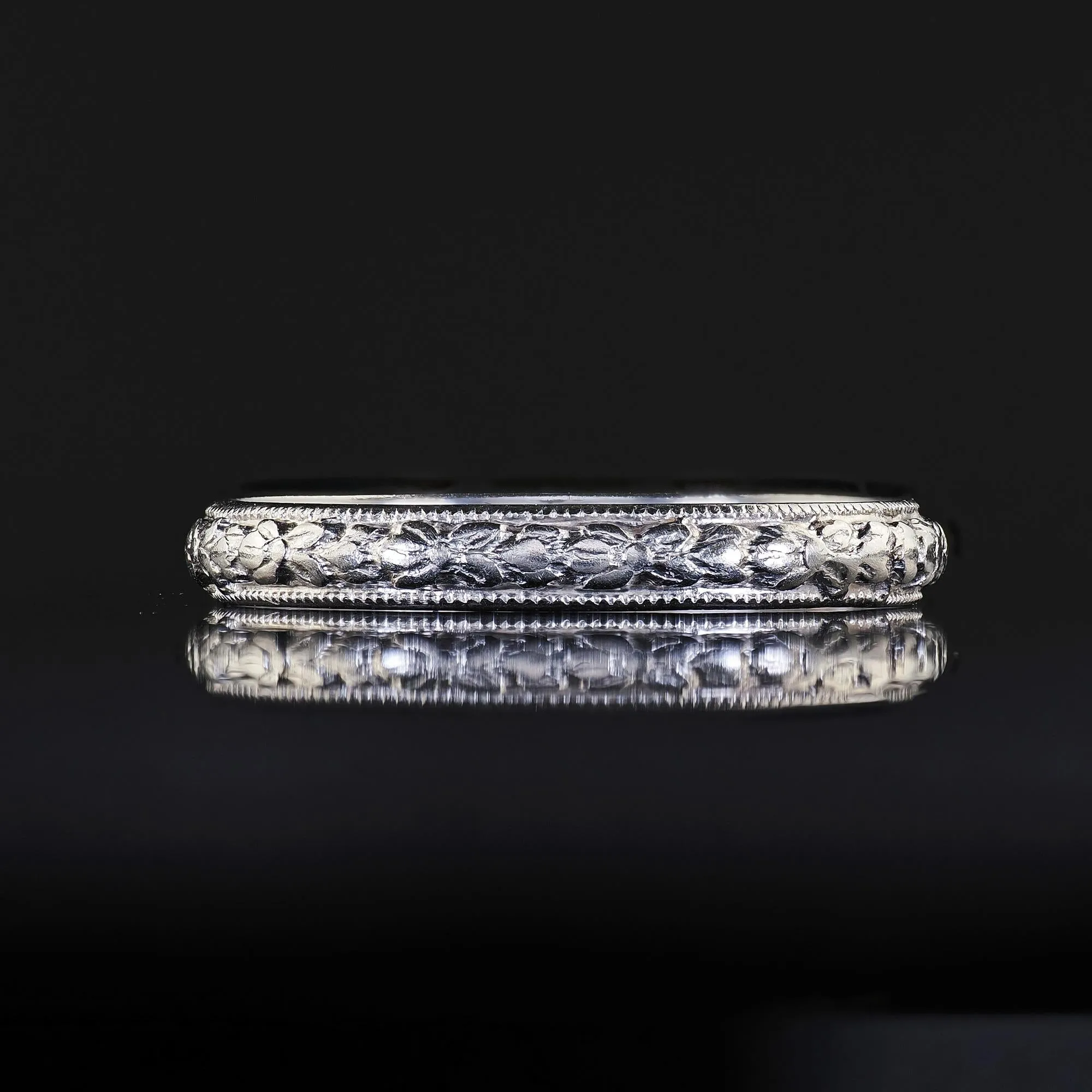 Antique Art Deco Platinum Blossom Engraved Wedding Band - Size 6 1/4