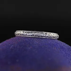 Antique Art Deco Platinum Blossom Engraved Wedding Band - Size 6 1/4