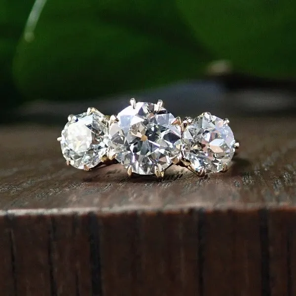 Antique Three Stone Diamond Engagement Ring, Old European cut 1.75ct.