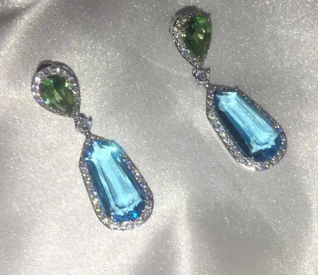 Aquamarine Diamond Earrings | Blue Diamond Earrings | Diamond Earrings | Womens Earrings | Green Diamond Earrings | Dangle Earrings