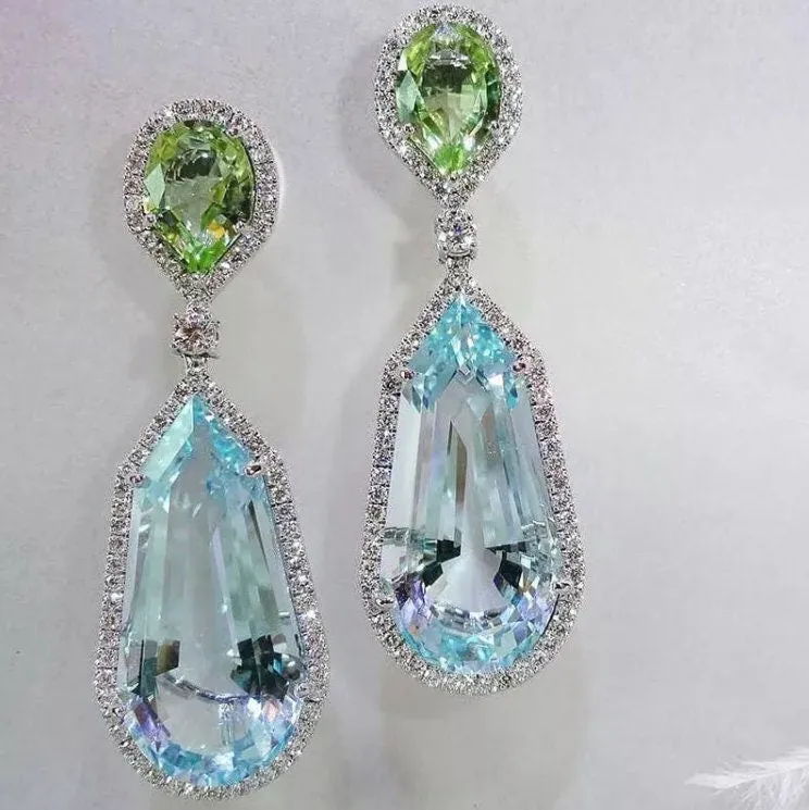 Aquamarine Diamond Earrings | Blue Diamond Earrings | Diamond Earrings | Womens Earrings | Green Diamond Earrings | Dangle Earrings