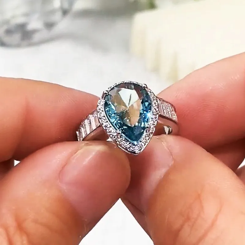 Aquamarine Ring | Aquamarine Diamond Ring | Aquamarine with Diamond Ring |  Pear Shape Ring | Blue Diamond Ring | Aquamarine Engagement Ring