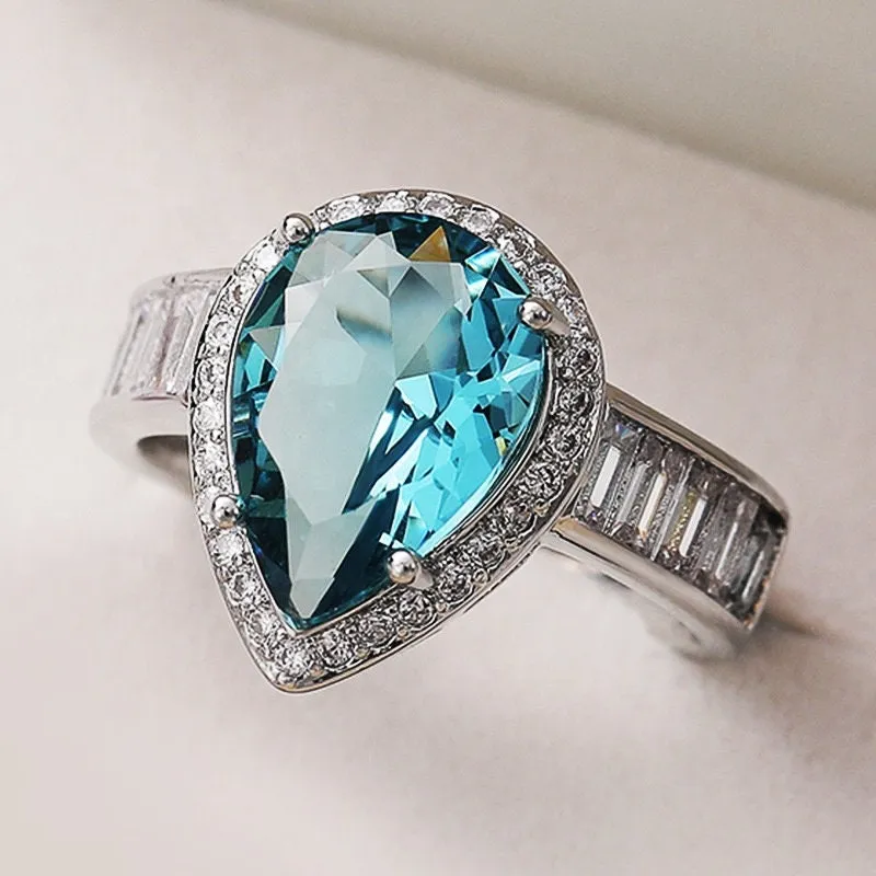 Aquamarine Ring | Aquamarine Diamond Ring | Aquamarine with Diamond Ring |  Pear Shape Ring | Blue Diamond Ring | Aquamarine Engagement Ring