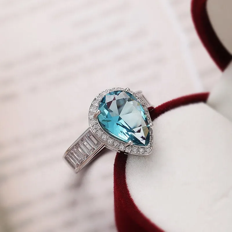 Aquamarine Ring | Aquamarine Diamond Ring | Aquamarine with Diamond Ring |  Pear Shape Ring | Blue Diamond Ring | Aquamarine Engagement Ring