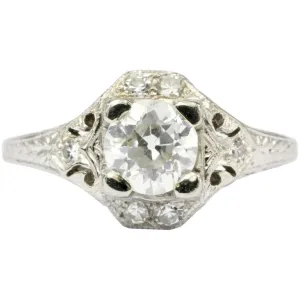 Art Deco 18K White Gold .80 CT Diamond Filigree Engagement Ring IGI Paperwork