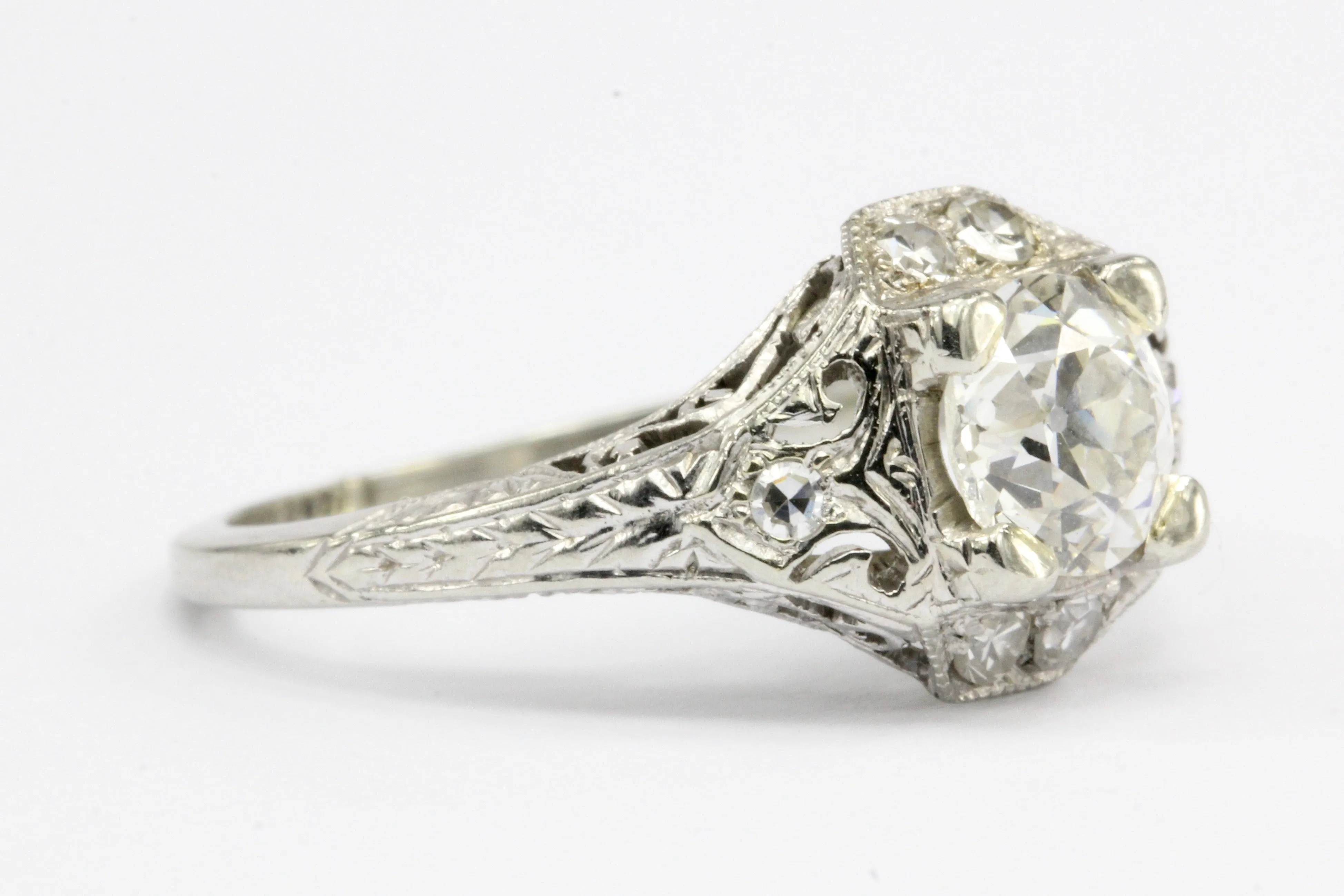 Art Deco 18K White Gold .80 CT Diamond Filigree Engagement Ring IGI Paperwork