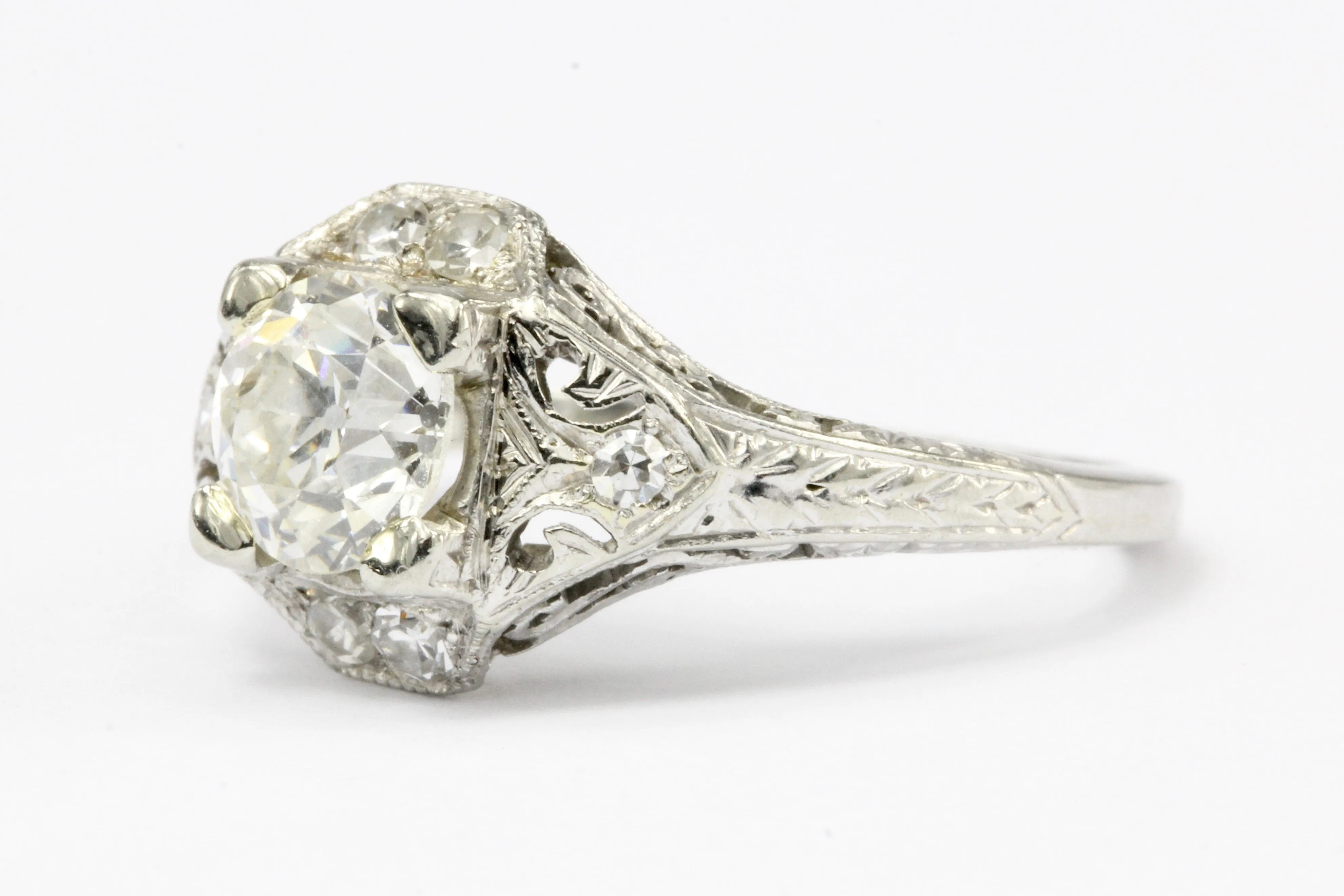 Art Deco 18K White Gold .80 CT Diamond Filigree Engagement Ring IGI Paperwork