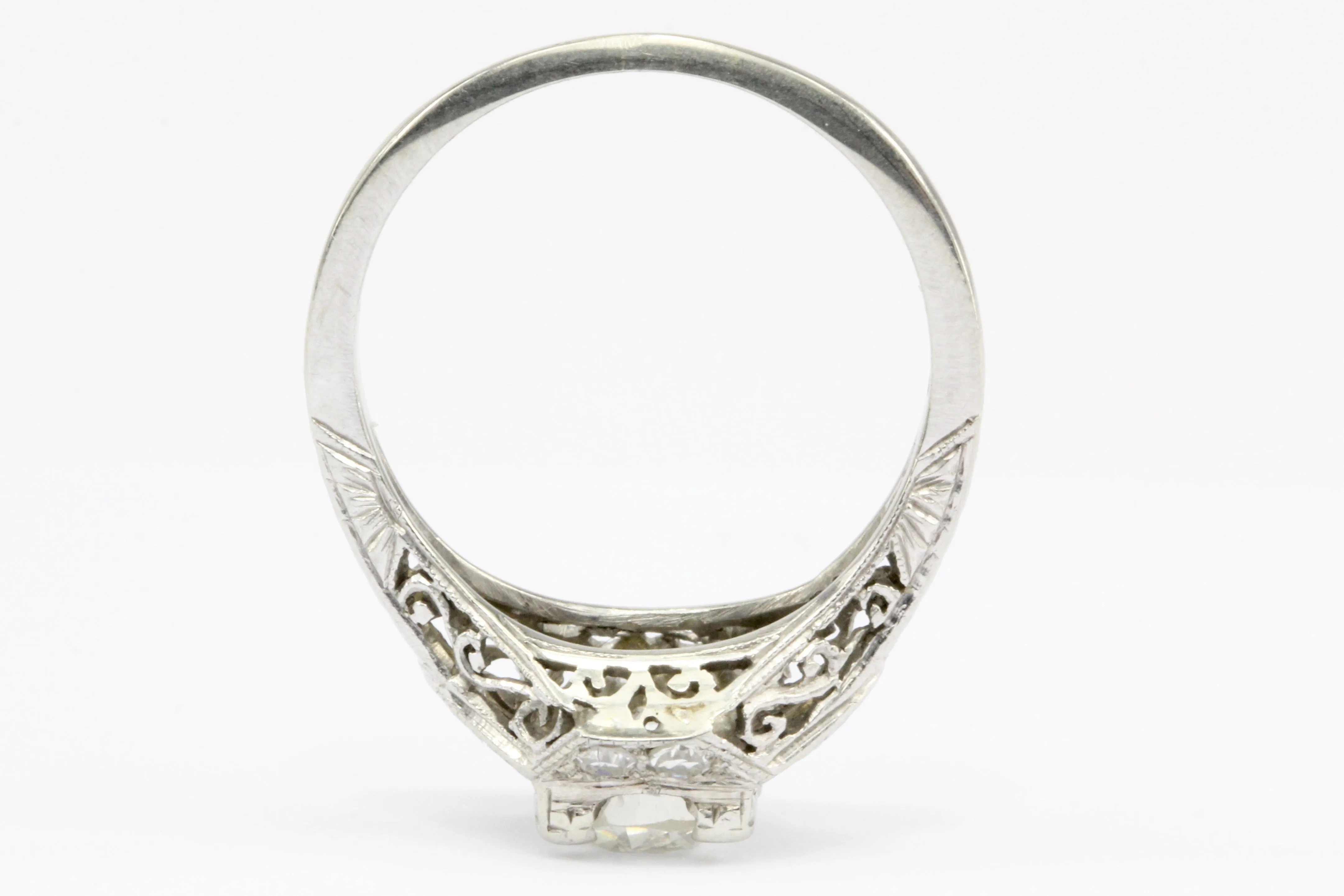 Art Deco 18K White Gold .80 CT Diamond Filigree Engagement Ring IGI Paperwork