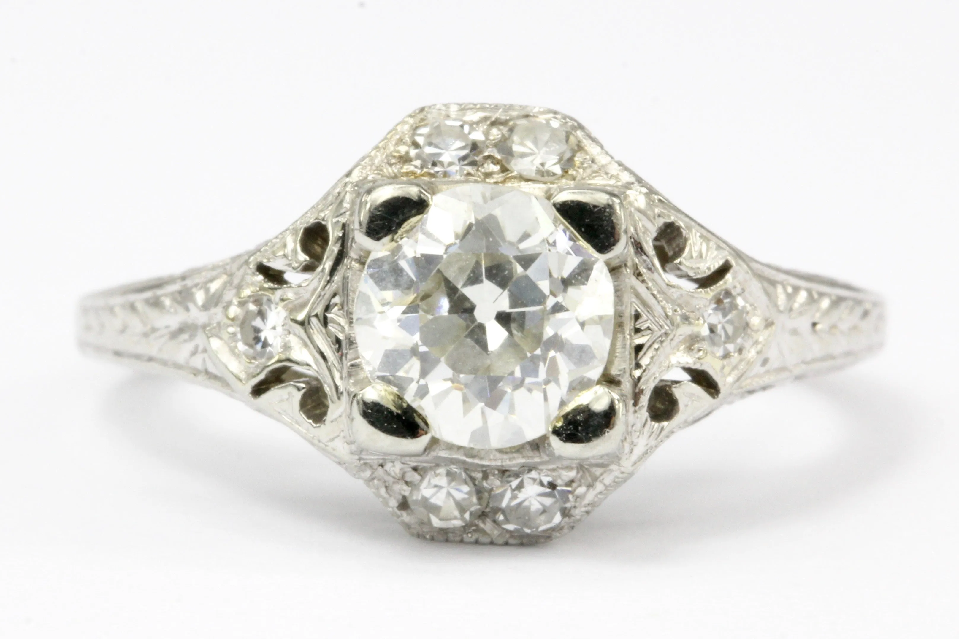 Art Deco 18K White Gold .80 CT Diamond Filigree Engagement Ring IGI Paperwork