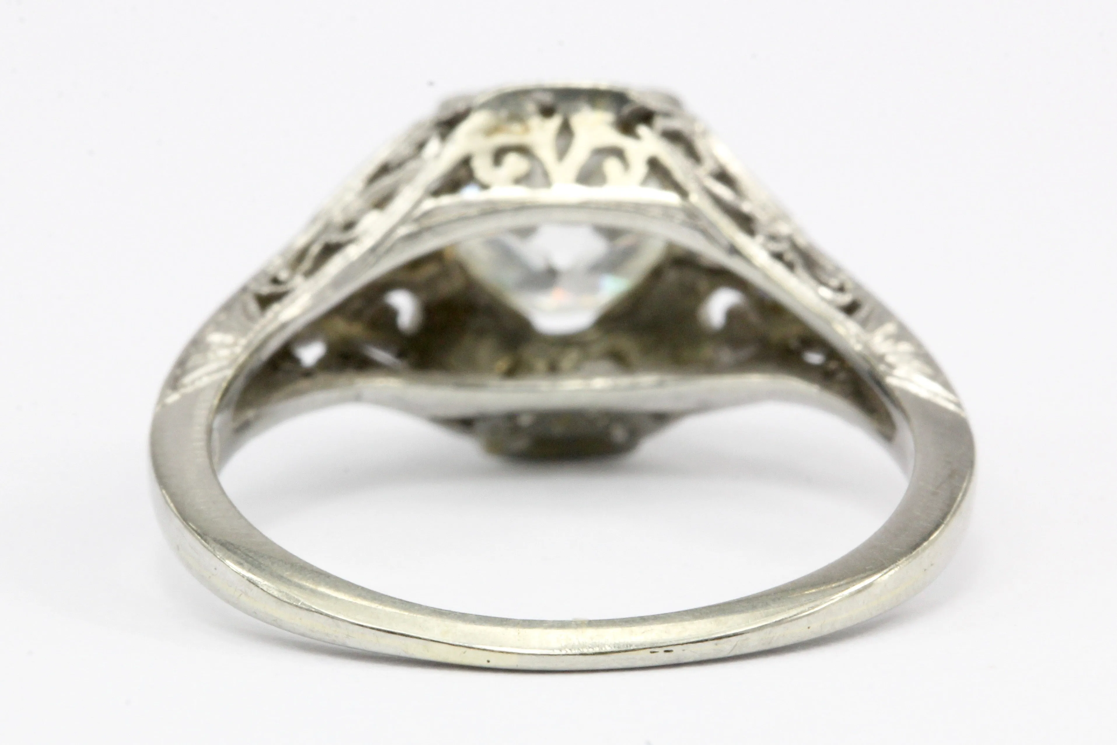 Art Deco 18K White Gold .80 CT Diamond Filigree Engagement Ring IGI Paperwork