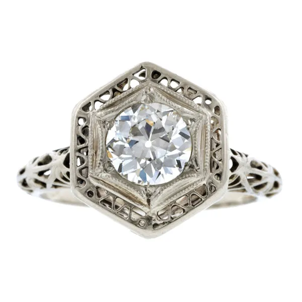 Art Deco Diamond Solitaire Engagement Ring, Old Euro 1.03ct