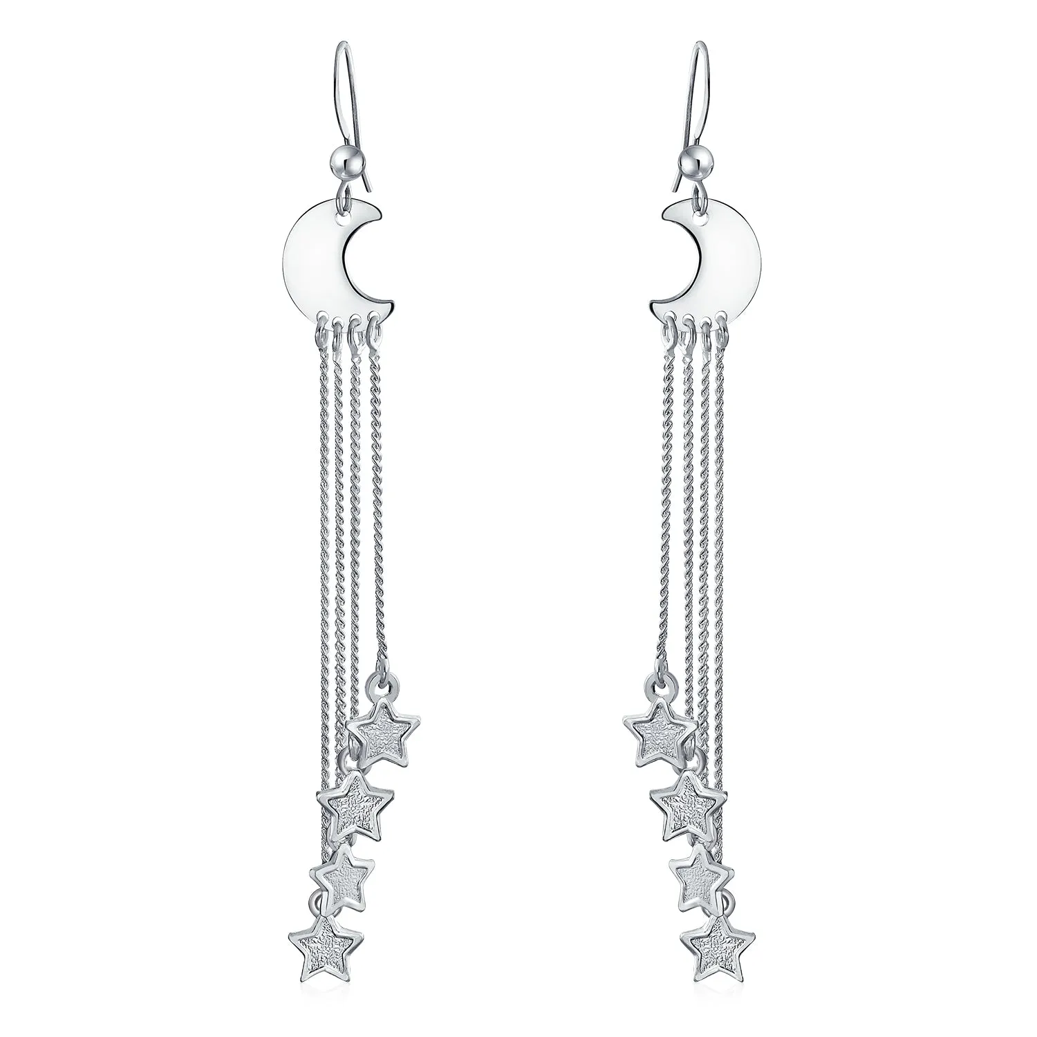 Astrology Boho Crescent Moon Stars Dangle Earrings - Sterling Silver Jewelry