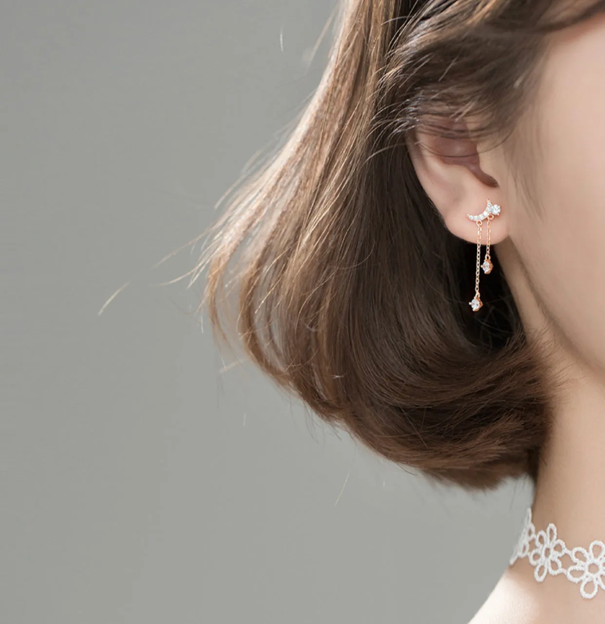 Asymmetry Moon Crescent Star Tassel Drop Stud Small Dangle Earrings - SS068