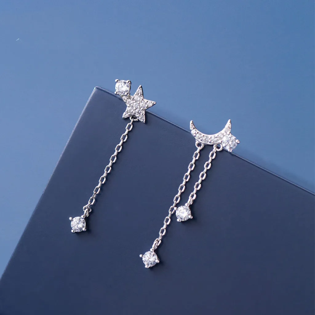 Asymmetry Moon Crescent Star Tassel Drop Stud Small Dangle Earrings - SS068