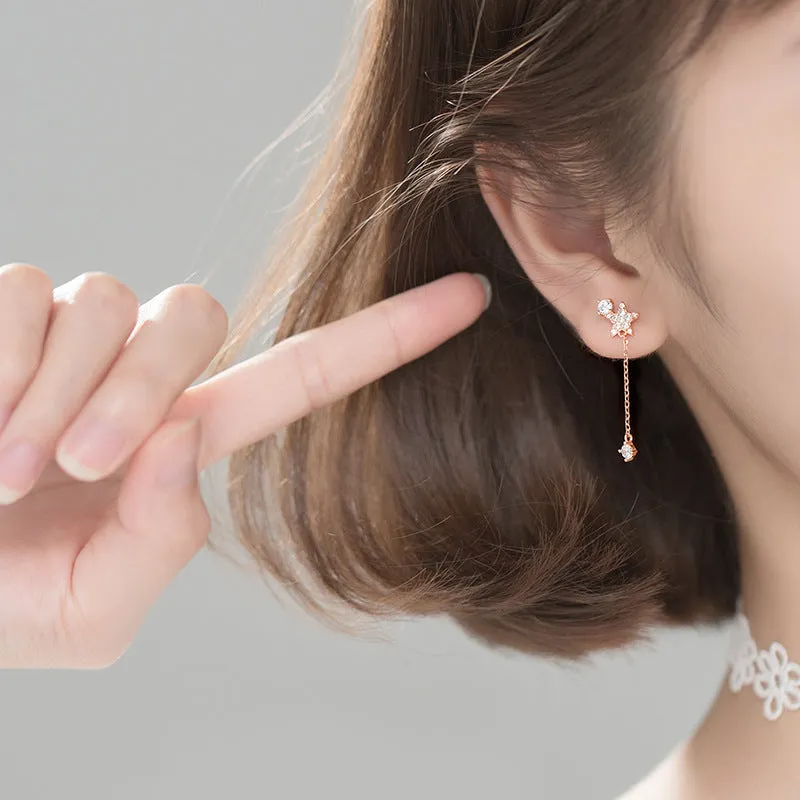 Asymmetry Moon Crescent Star Tassel Drop Stud Small Dangle Earrings - SS068