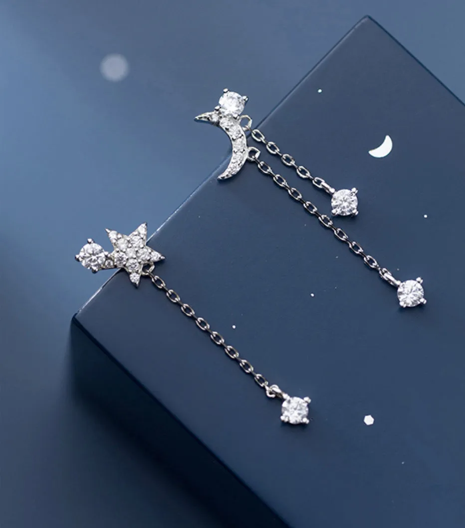 Asymmetry Moon Crescent Star Tassel Drop Stud Small Dangle Earrings - SS068