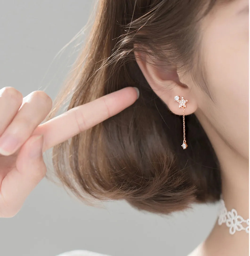 Asymmetry Moon Crescent Star Tassel Drop Stud Small Dangle Earrings - SS068