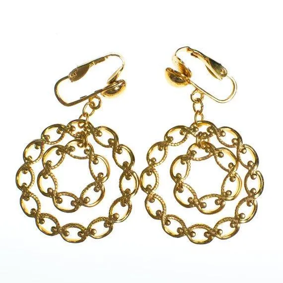 Authentic VIntage Gold Doorknocker Hoop Earrings Interlocking Link Design Clip On New Old Stock