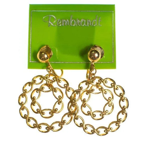 Authentic VIntage Gold Doorknocker Hoop Earrings Interlocking Link Design Clip On New Old Stock