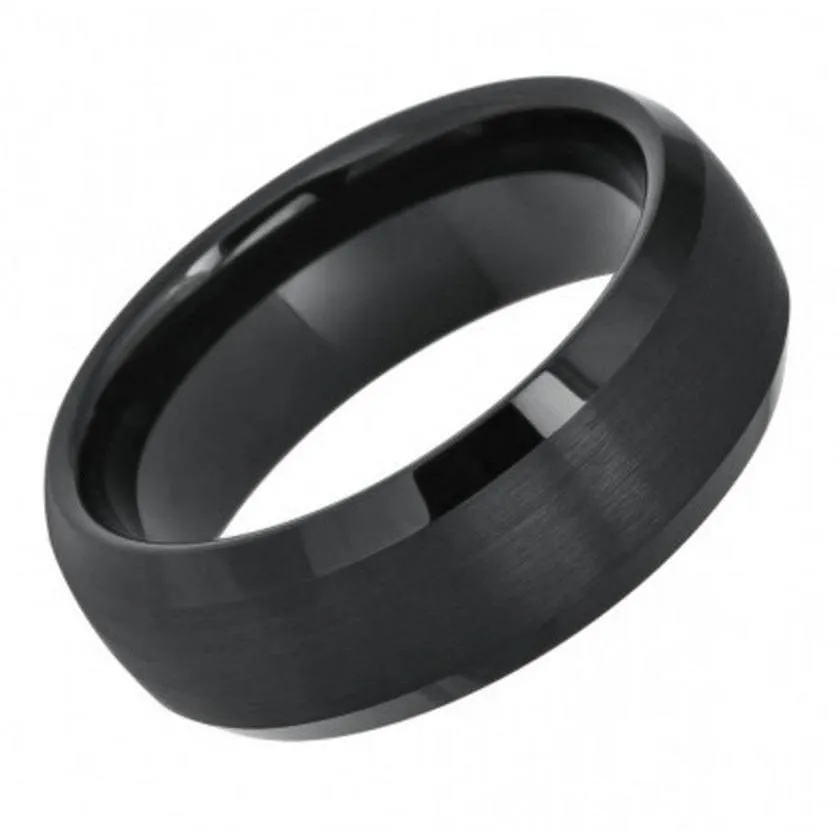 BADU Domed Black Tungsten Ring With Brushed Center & Beveled Edges - 6mm & 8mm