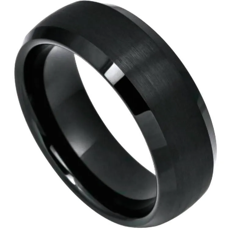BADU Domed Black Tungsten Ring With Brushed Center & Beveled Edges - 6mm & 8mm