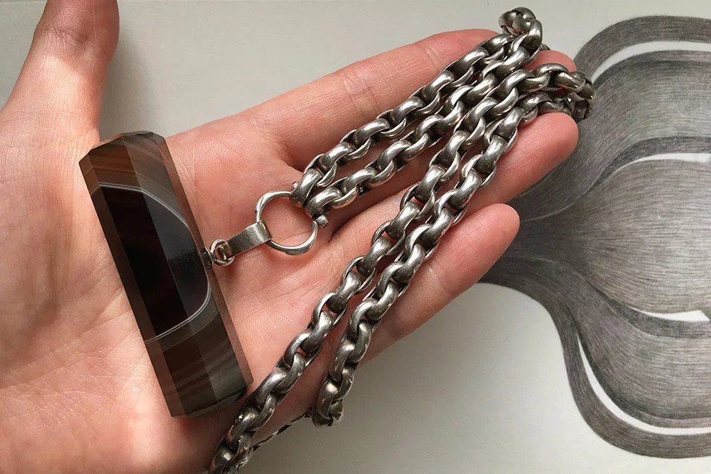 Banded Agate Bar Pendant with Plump Silver Chain