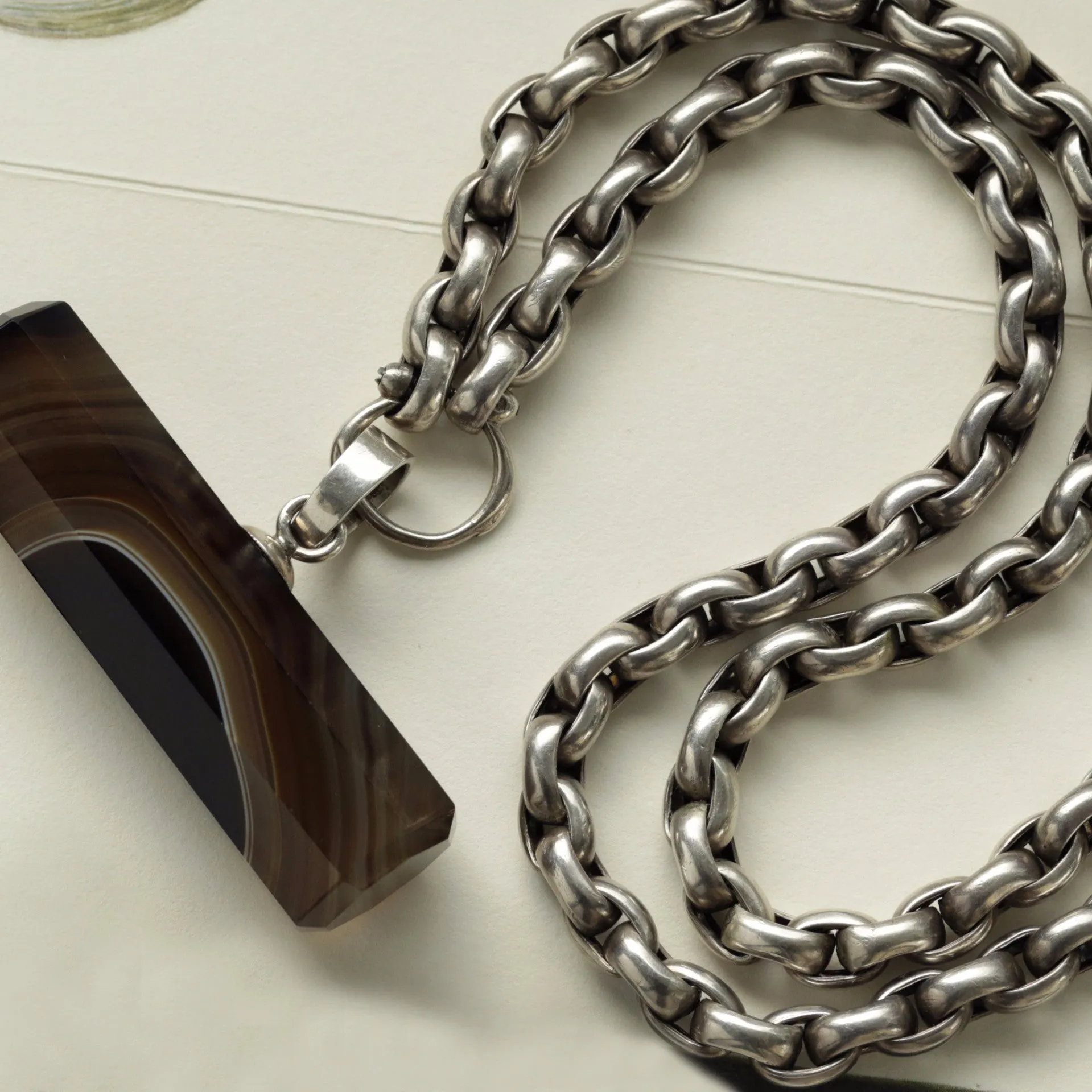 Banded Agate Bar Pendant with Plump Silver Chain