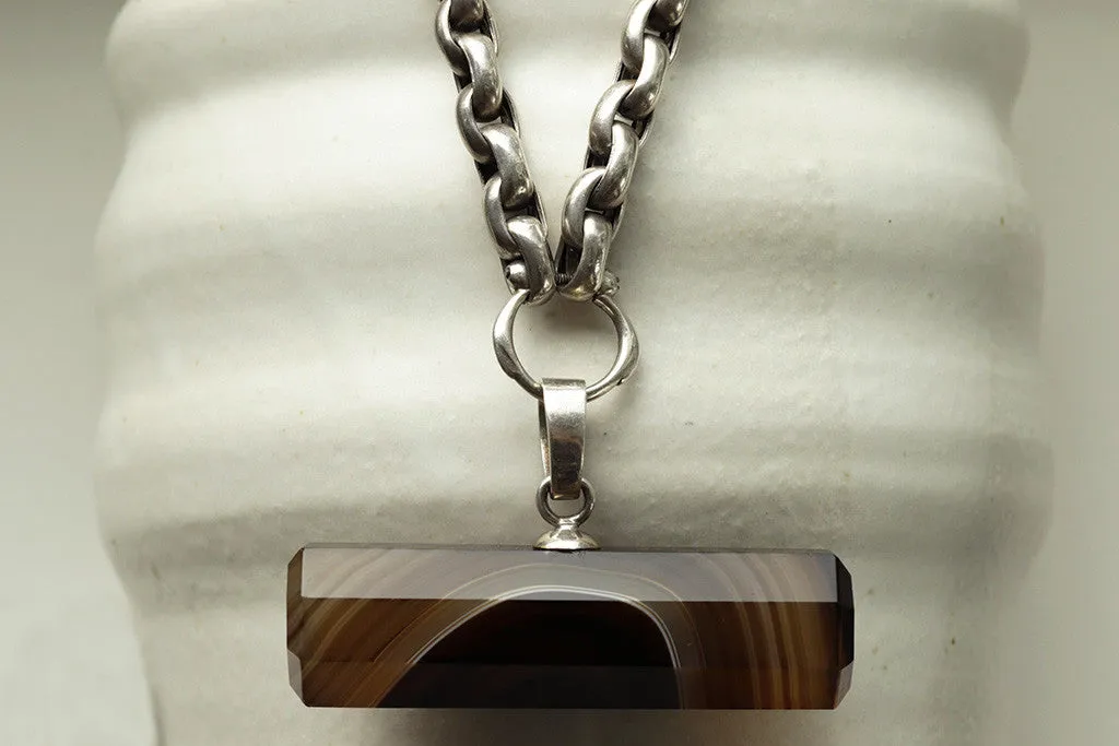 Banded Agate Bar Pendant with Plump Silver Chain