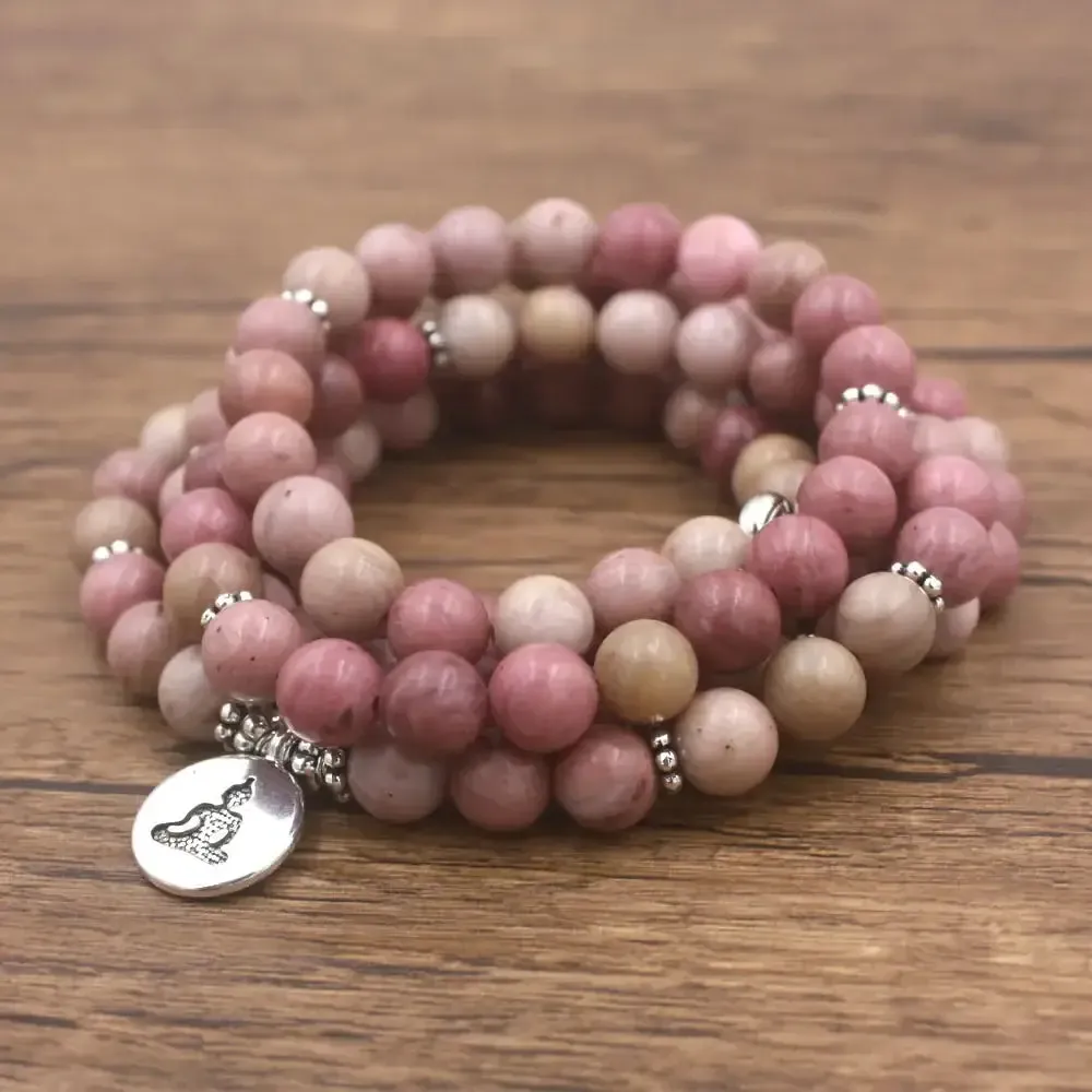 Beautifully Hand-Crafted Pink Rhodonite Mala Beads Bracelet