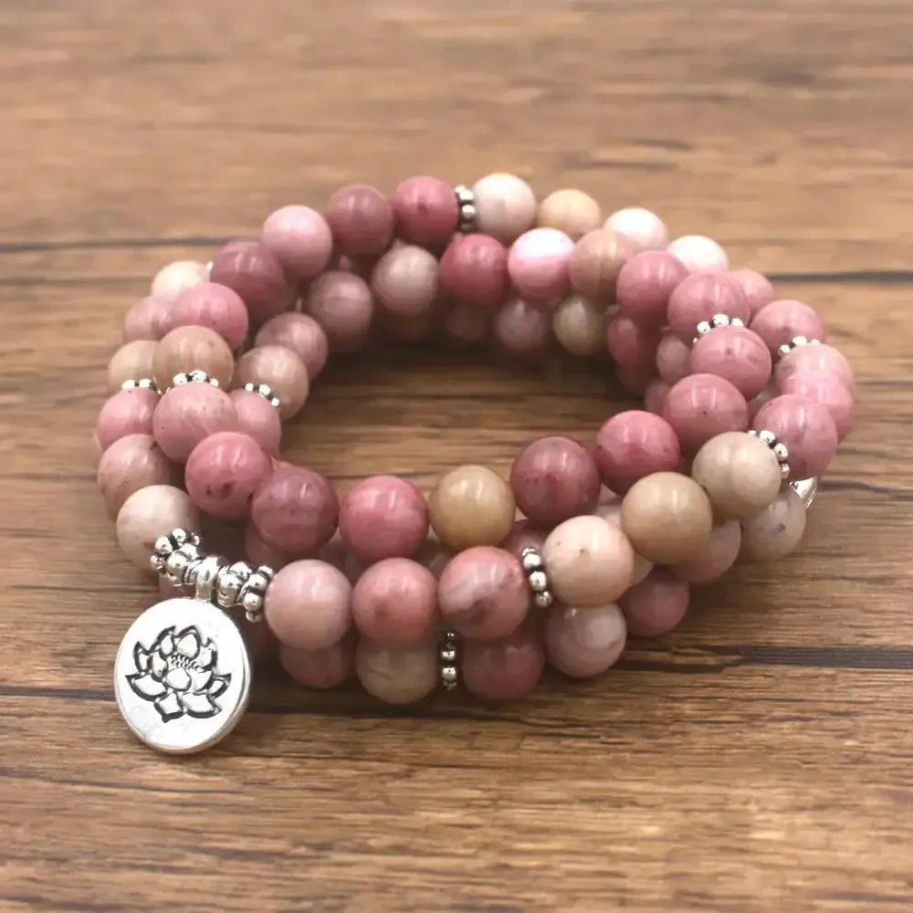 Beautifully Hand-Crafted Pink Rhodonite Mala Beads Bracelet