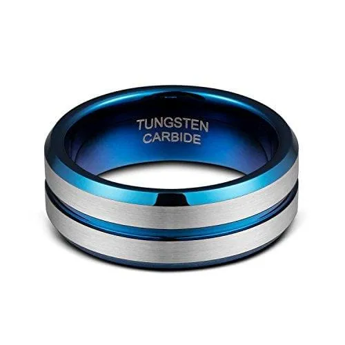 BEMUS Blue Beveled Tungsten Wedding Band with Thin Blue Grooved Center - 8mm