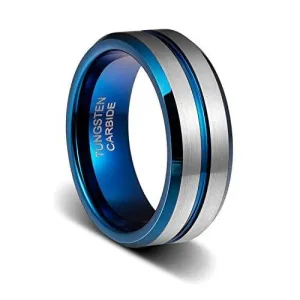 BEMUS Blue Beveled Tungsten Wedding Band with Thin Blue Grooved Center - 8mm