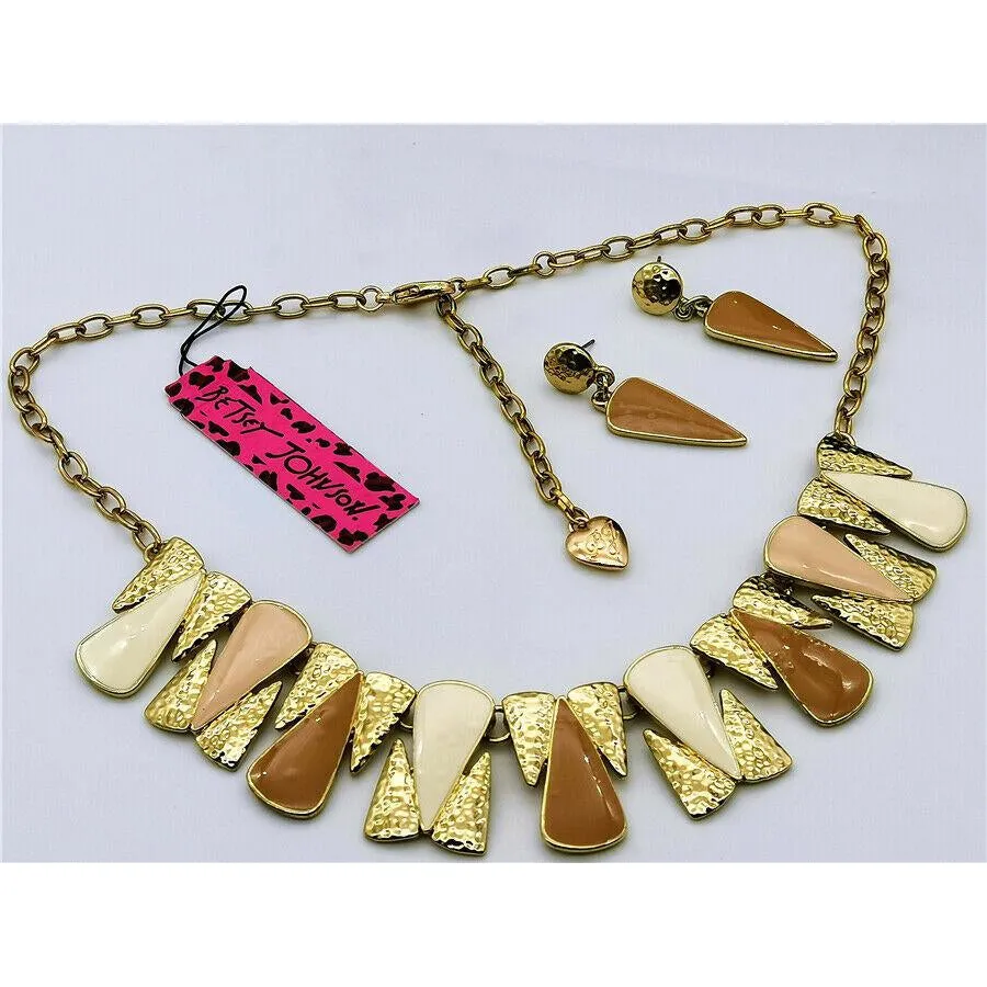 Betsey Johnson Brown White Gold Necklace & Earrings Set
