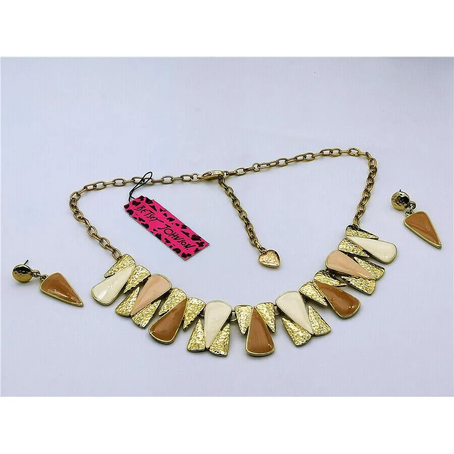 Betsey Johnson Brown White Gold Necklace & Earrings Set
