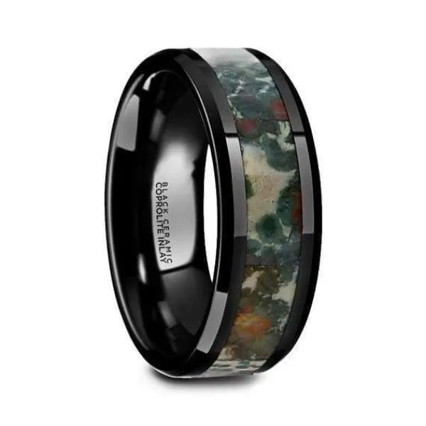 Black Camo Ceramic Wedding Ring Coprolite Fossil Inlay Beveled Polished Finish - 8mm