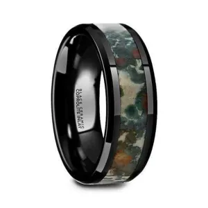 Black Camo Ceramic Wedding Ring Coprolite Fossil Inlay Beveled Polished Finish - 8mm