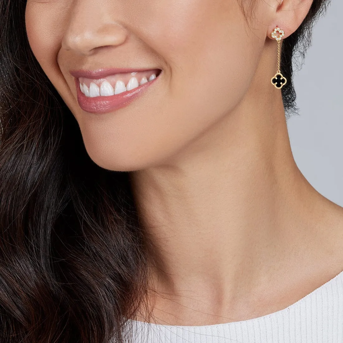 Black Clover Drop Earrings in 9ct Yellow Gold Silver Infused