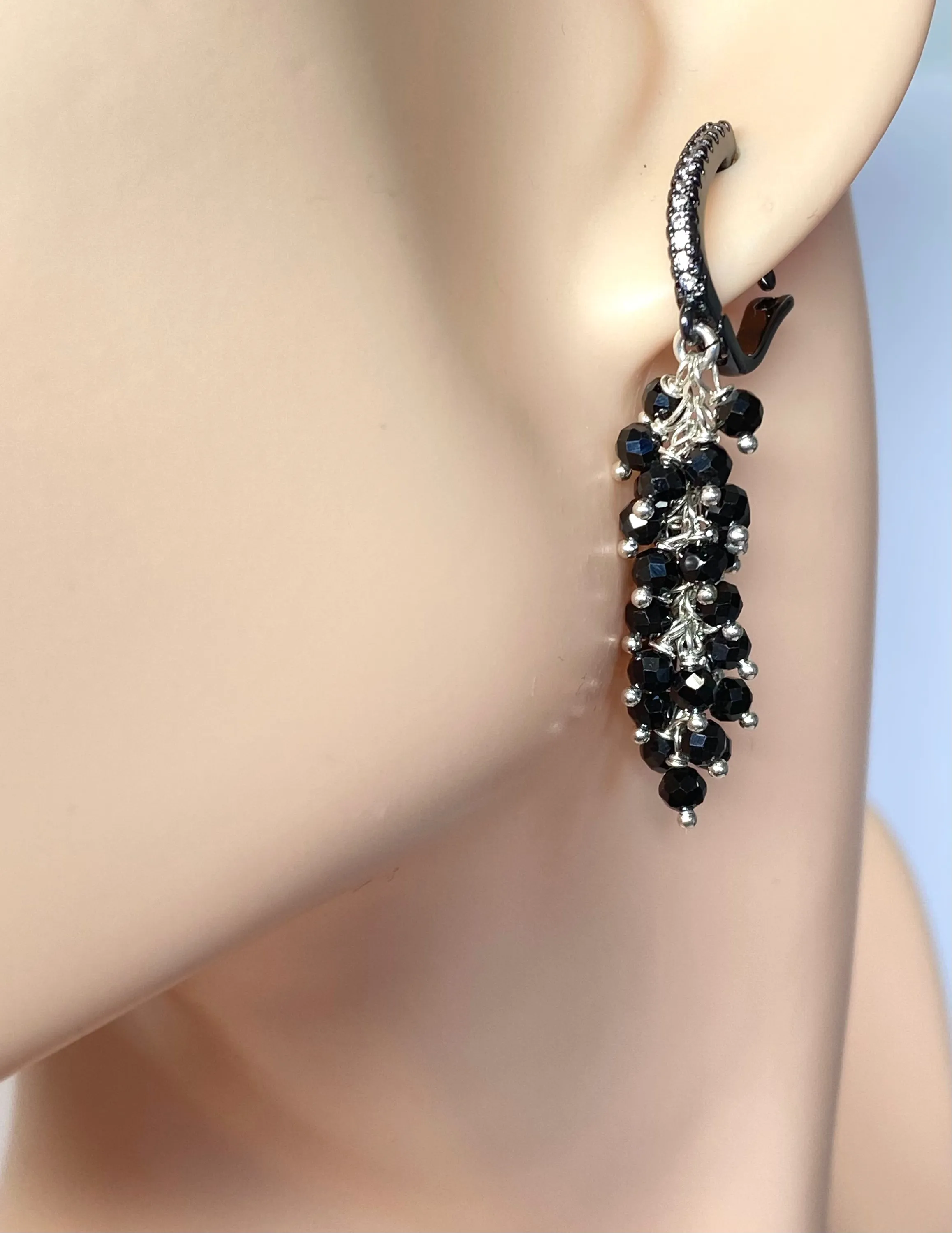 Black Cluster Earrings Sterling Silver Mystic Black Spinel