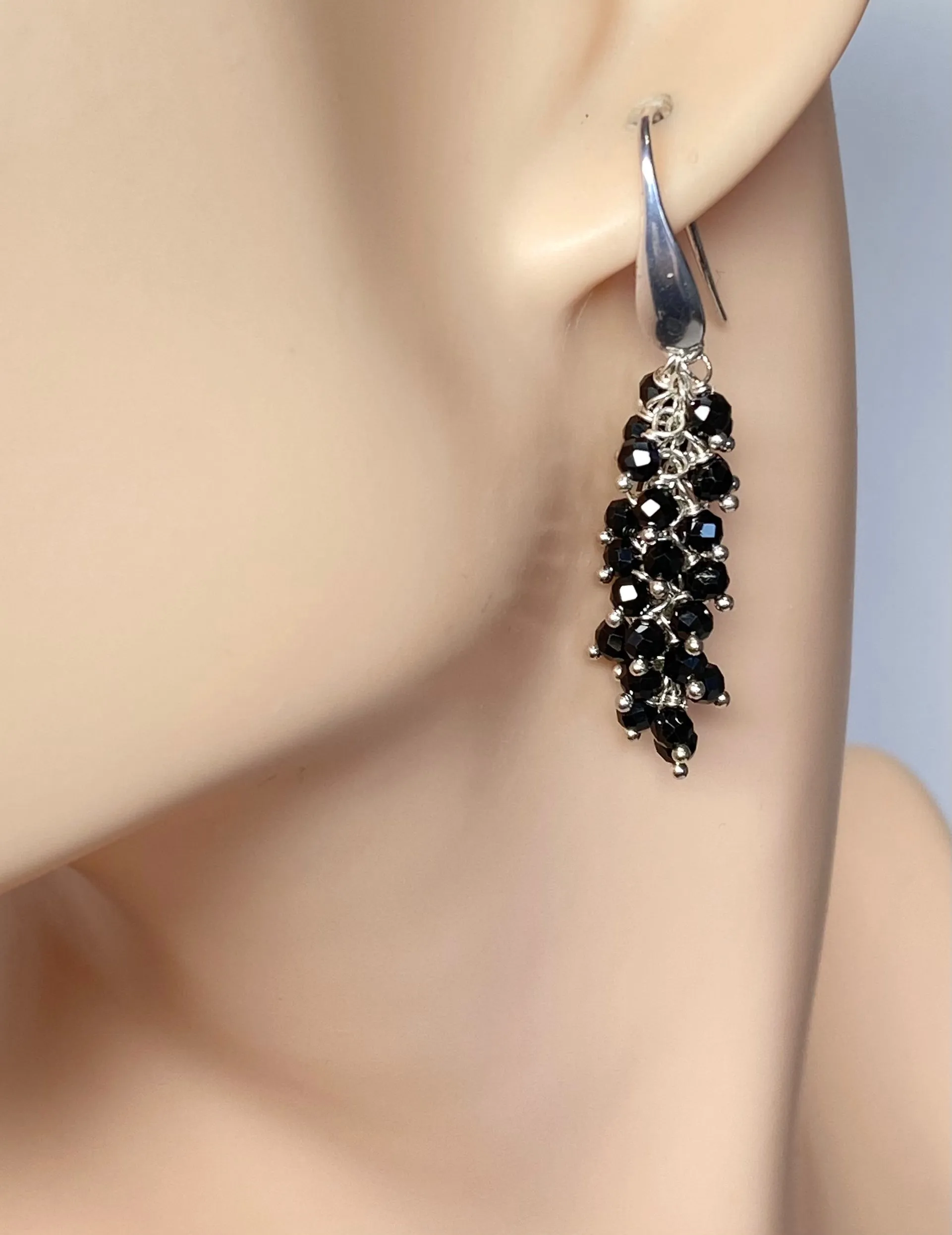 Black Cluster Earrings Sterling Silver Mystic Black Spinel
